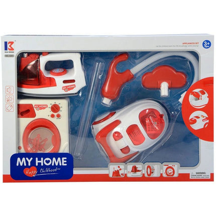 Souprava domácích spotřebičů na baterie žehlička, pračka a vysavač