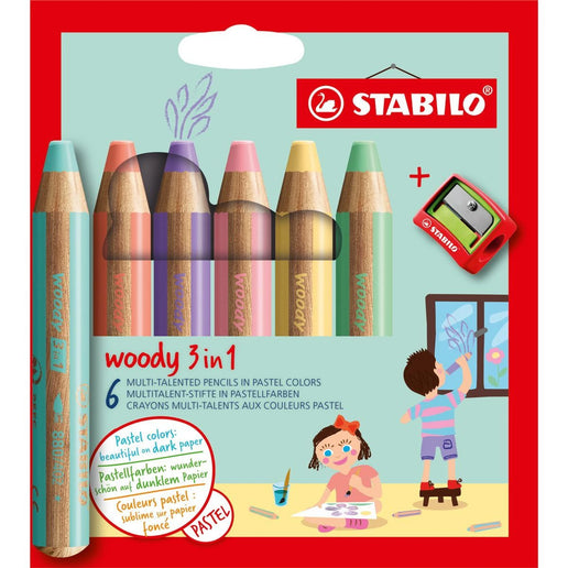 STABILO Woody Pastelka, vodovka & voskovka v jednom sada 6 ks s ořezávátkem pastel