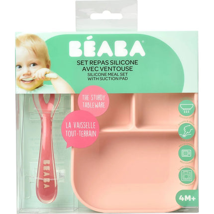 Béaba Talíř silikonový dělený s přísavkou a lžičkou Pink