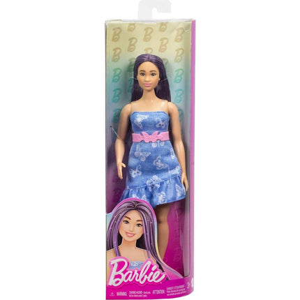 Barbie Modelka modré šaty s motýlky HYT89