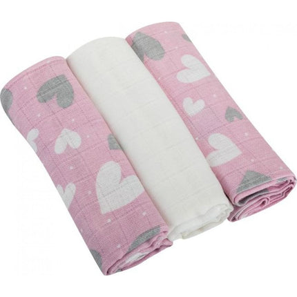 Pleny bavlna 3 ks Premium 140 g na m2 potisk 80 x 70 Srdíčko růžová