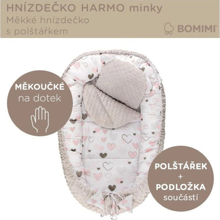 Harmo Hnízdečko s polštářkem minky Srdíčka šedá