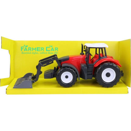 Traktor s pracovním nástrojem na setrvačník červený