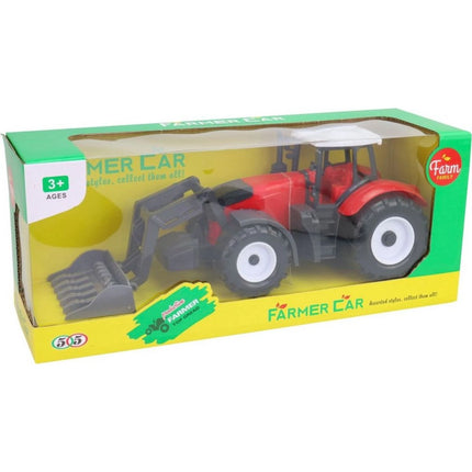 Traktor s pracovním nástrojem na setrvačník červený