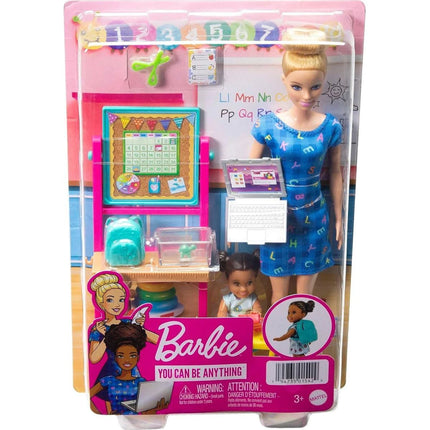 Barbie Herní set povolání s panenkou Učitelka v modrých šatech HCN19