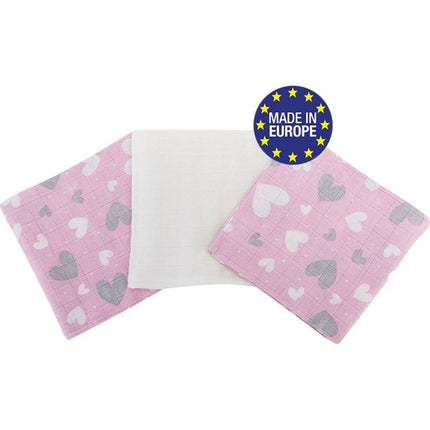 Pleny bavlna 3 ks Premium 140 g na m2 potisk 80 x 70 Srdíčko růžová